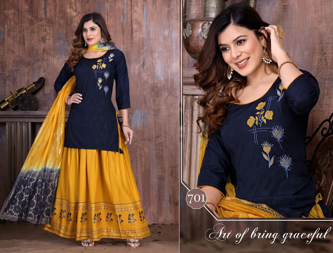 Golden Creamy 1 New Latest Ethnic Wear Kurti Skirt With Dupatta
Collection